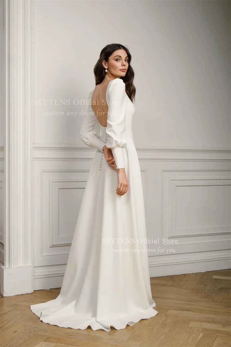 SSYTENS Elegant Square Neck A Line Wedding Dresses Full Sleeves Long Bridal Gown Woman Open Back Pleats Customized Bride Dress