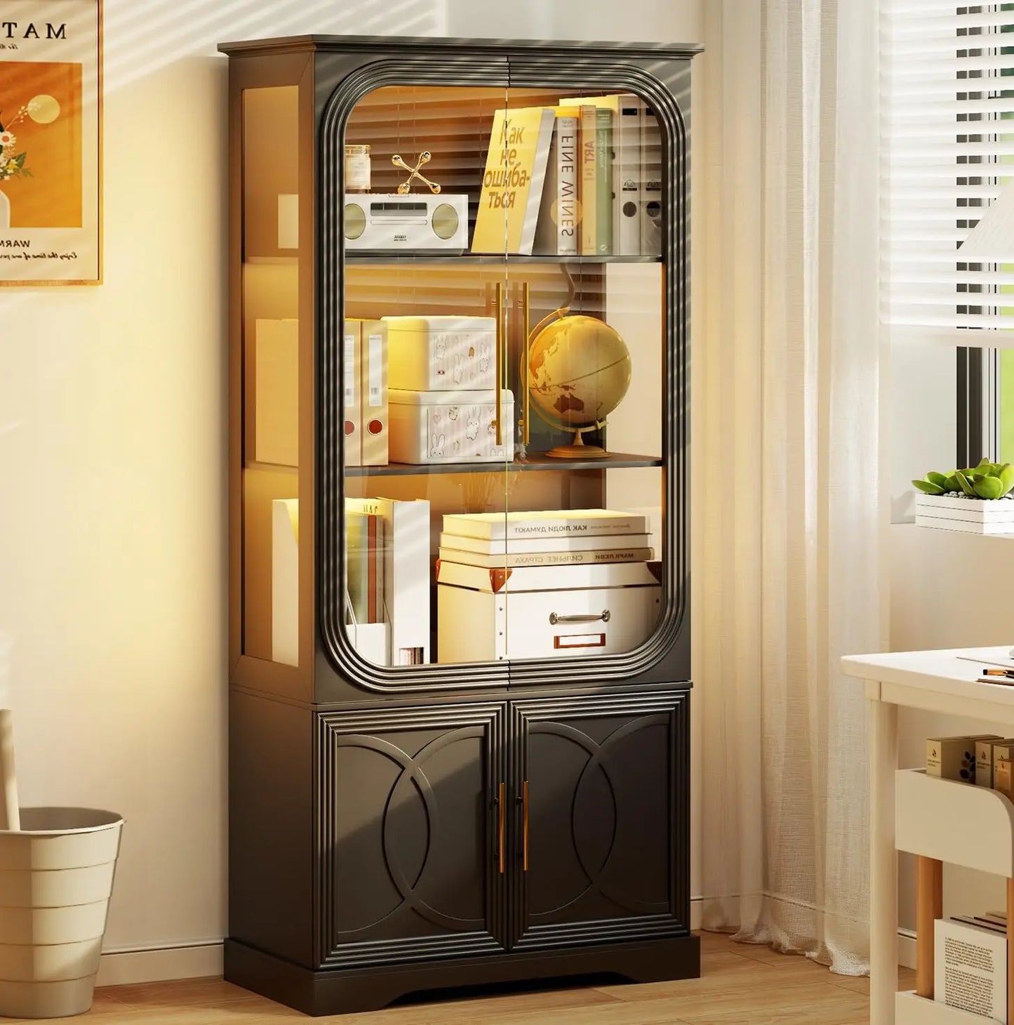 Display Curio Cabinet with Glass Doors, 69 in Tall Bookcase with LED Lights, Storage Cabinet|Kitchen Pantry, Customized