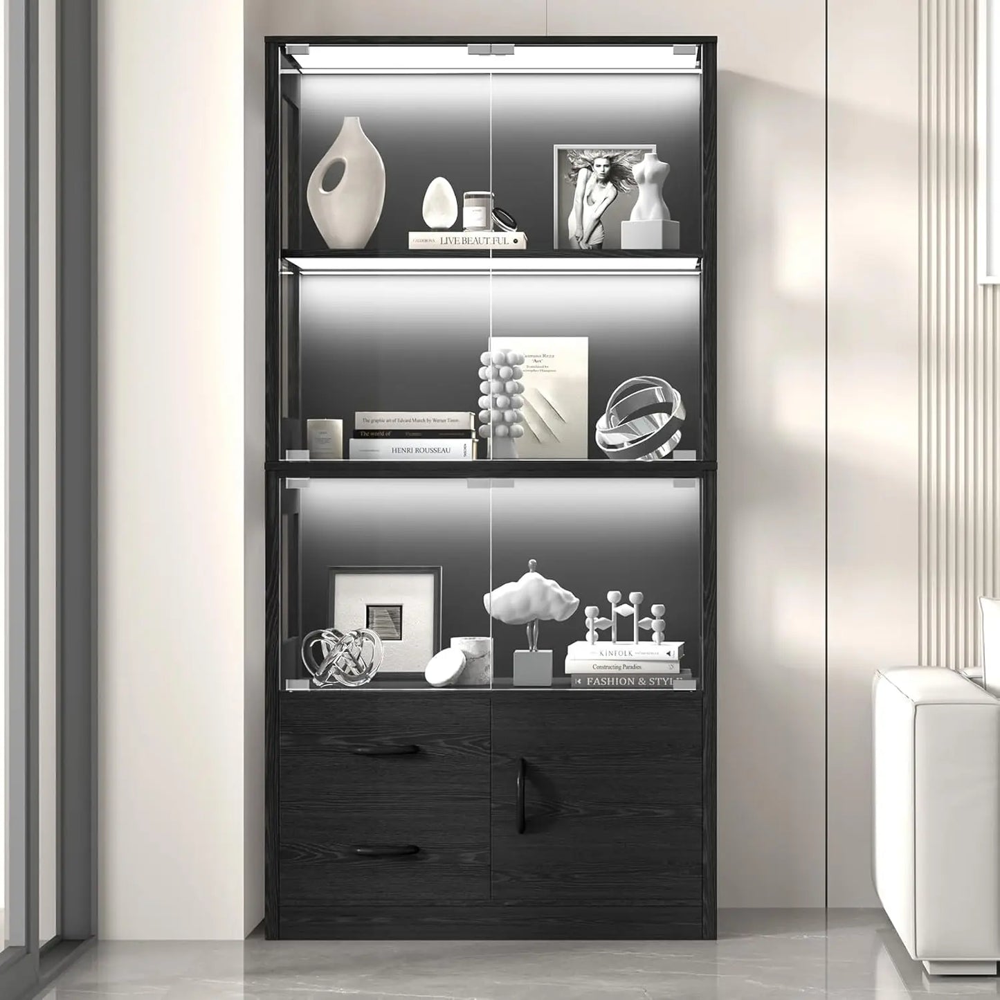 Display Cabinet with Glass Doors, 4-Tier Display Case with 3-Color Lights & Human Body Sensor, Storage Cabinets with 3 Shelve