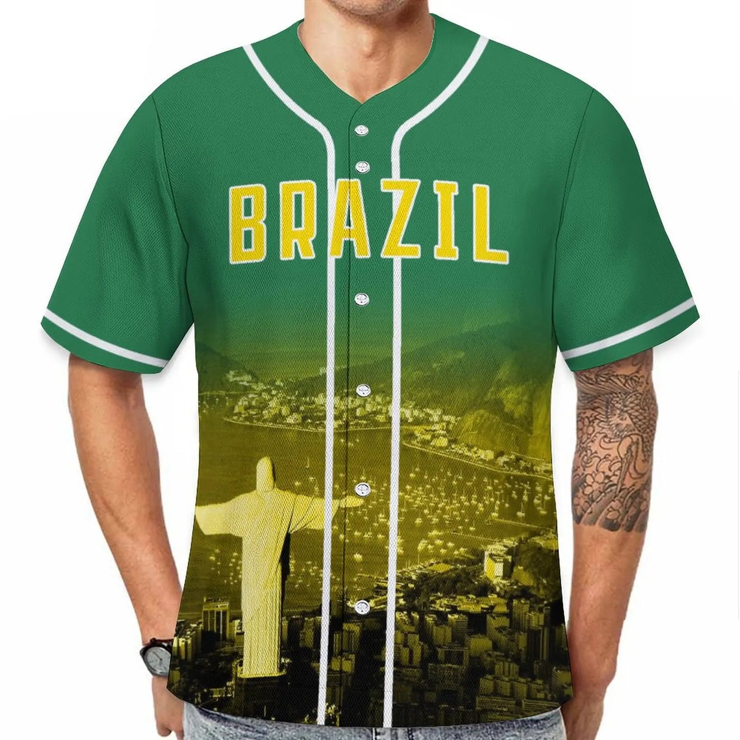 Men's Brazil Custom Baseball Jersey Personalized Name Number Comfort Shirt with City Night View for Baseball Fans Gift