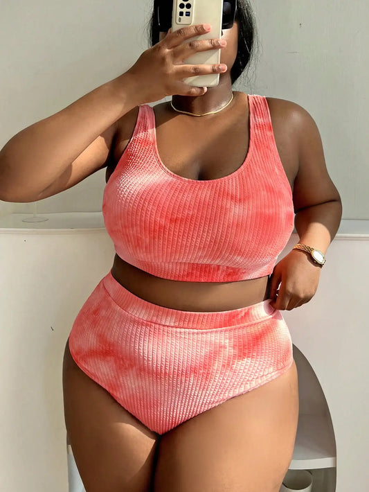 Plus Size Tie Dye Ribbed Tankini Set Casual Beach Swimwear